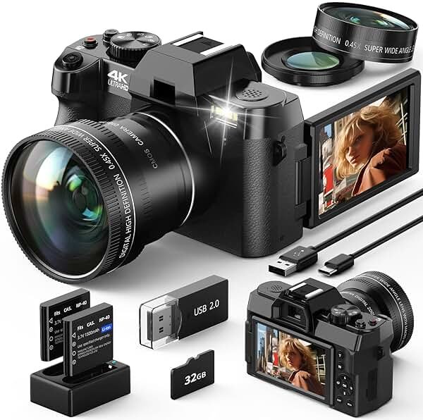 Digital Camera, 4K 48MP Cameras for Photography, 180° Flip Screen Camera with 16X Digital Zoom and WiFi Auto-Focus Vlogging Camera for YouTube with 32GB TF Card. Wide-Angle & Macro Lens S100-ZXWM - Product Image