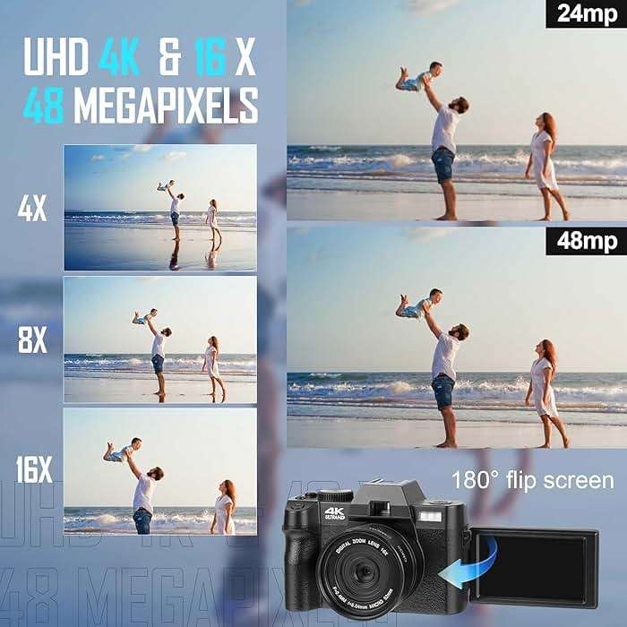 Digital Camera, 4K 48MP Cameras for Photography, 180° Flip Screen Camera with 16X Digital Zoom and WiFi Auto-Focus Vlogging Camera for YouTube with 32GB TF Card. Wide-Angle & Macro Lens S100-ZXWM - Image 2