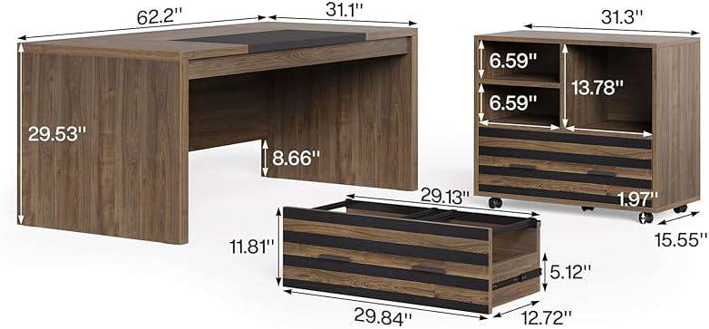 LITTLE TREE L-Shaped Computer Desk with File Cabinet Combo, 63-Inch Office Desk, 31-Inch Filing Cabinet with Storage & Drawer for A4/Letter/Legal Size File, Large Business Furniture for Home Office - Image 3