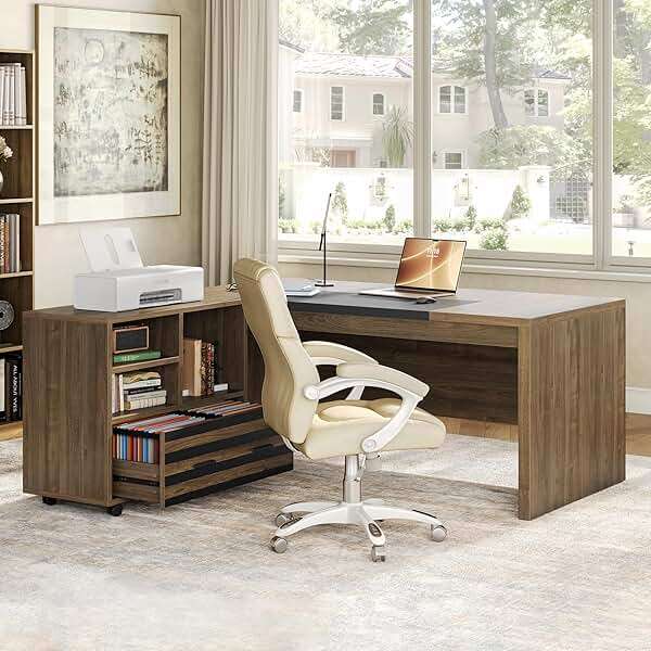LITTLE TREE L-Shaped Computer Desk with File Cabinet Combo, 63-Inch Office Desk, 31-Inch Filing Cabinet with Storage & Drawer for A4/Letter/Legal Size File, Large Business Furniture for Home Office - Image 4