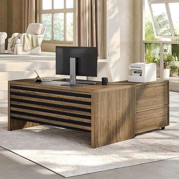 LITTLE TREE L-Shaped Computer Desk with File Cabinet Combo, 63-Inch Office Desk, 31-Inch Filing Cabinet with Storage & Drawer for A4/Letter/Legal Size File, Large Business Furniture for Home Office - Image 7