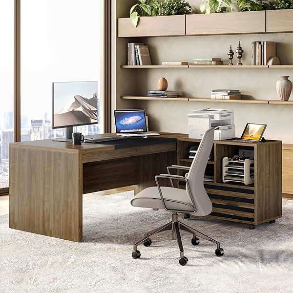LITTLE TREE L-Shaped Computer Desk with File Cabinet Combo, 63-Inch Office Desk, 31-Inch Filing Cabinet with Storage & Drawer for A4/Letter/Legal Size File, Large Business Furniture for Home Office - Image 8