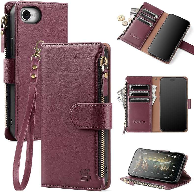 Shieldtop Compatible with iPhone 17e / 16e Wallet Case with Card Holder,Women Men RFID Blocking PU Leather Flip Cover Wrist Strap Zipper Credit Card Slots,Phone Case for Apple 17e / 16e,Wine Red - Image 1