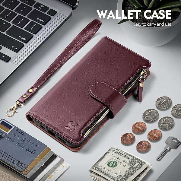 Shieldtop Compatible with iPhone 17e / 16e Wallet Case with Card Holder,Women Men RFID Blocking PU Leather Flip Cover Wrist Strap Zipper Credit Card Slots,Phone Case for Apple 17e / 16e,Wine Red - Image 2