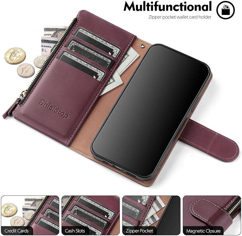Shieldtop Compatible with iPhone 17e / 16e Wallet Case with Card Holder,Women Men RFID Blocking PU Leather Flip Cover Wrist Strap Zipper Credit Card Slots,Phone Case for Apple 17e / 16e,Wine Red - Image 3