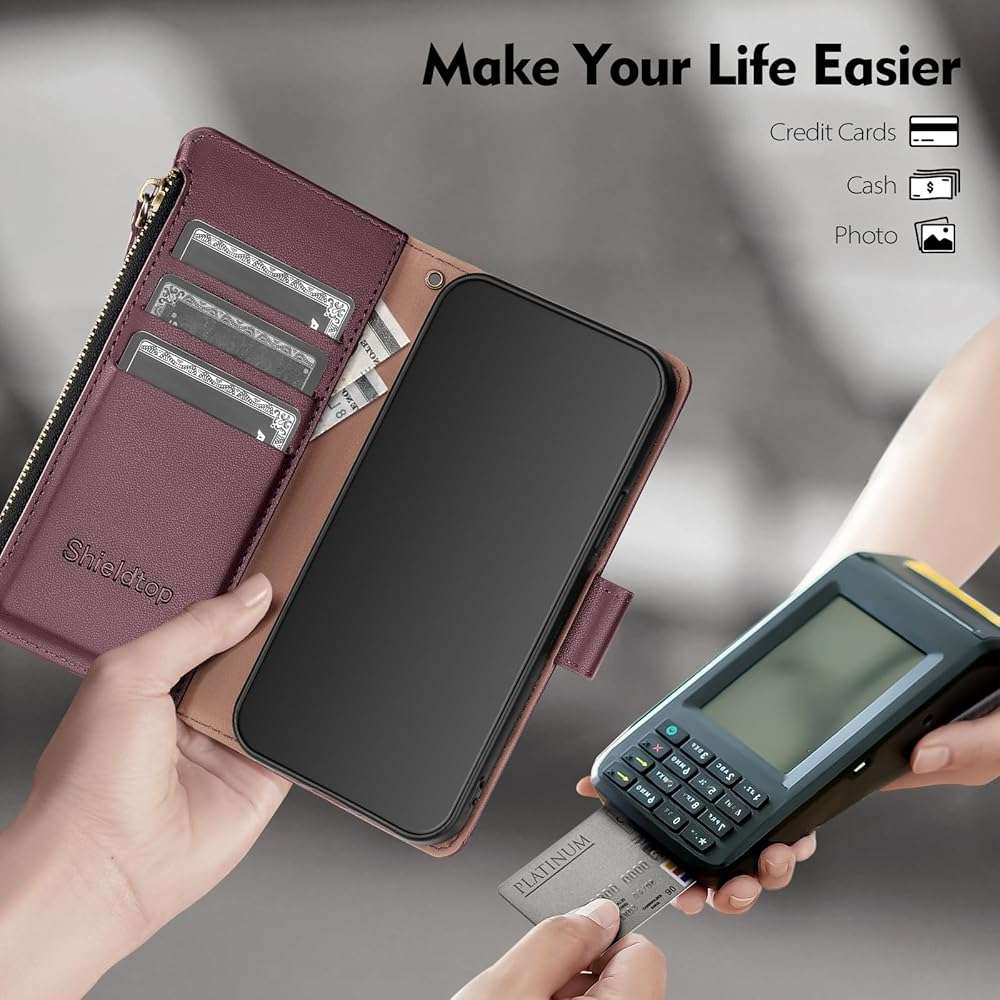 Shieldtop Compatible with iPhone 17e / 16e Wallet Case with Card Holder,Women Men RFID Blocking PU Leather Flip Cover Wrist Strap Zipper Credit Card Slots,Phone Case for Apple 17e / 16e,Wine Red - Image 5
