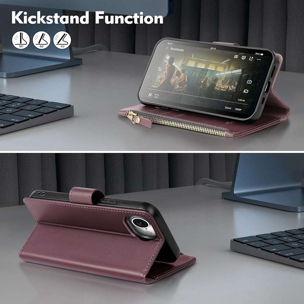 Shieldtop Compatible with iPhone 17e / 16e Wallet Case with Card Holder,Women Men RFID Blocking PU Leather Flip Cover Wrist Strap Zipper Credit Card Slots,Phone Case for Apple 17e / 16e,Wine Red - Image 6