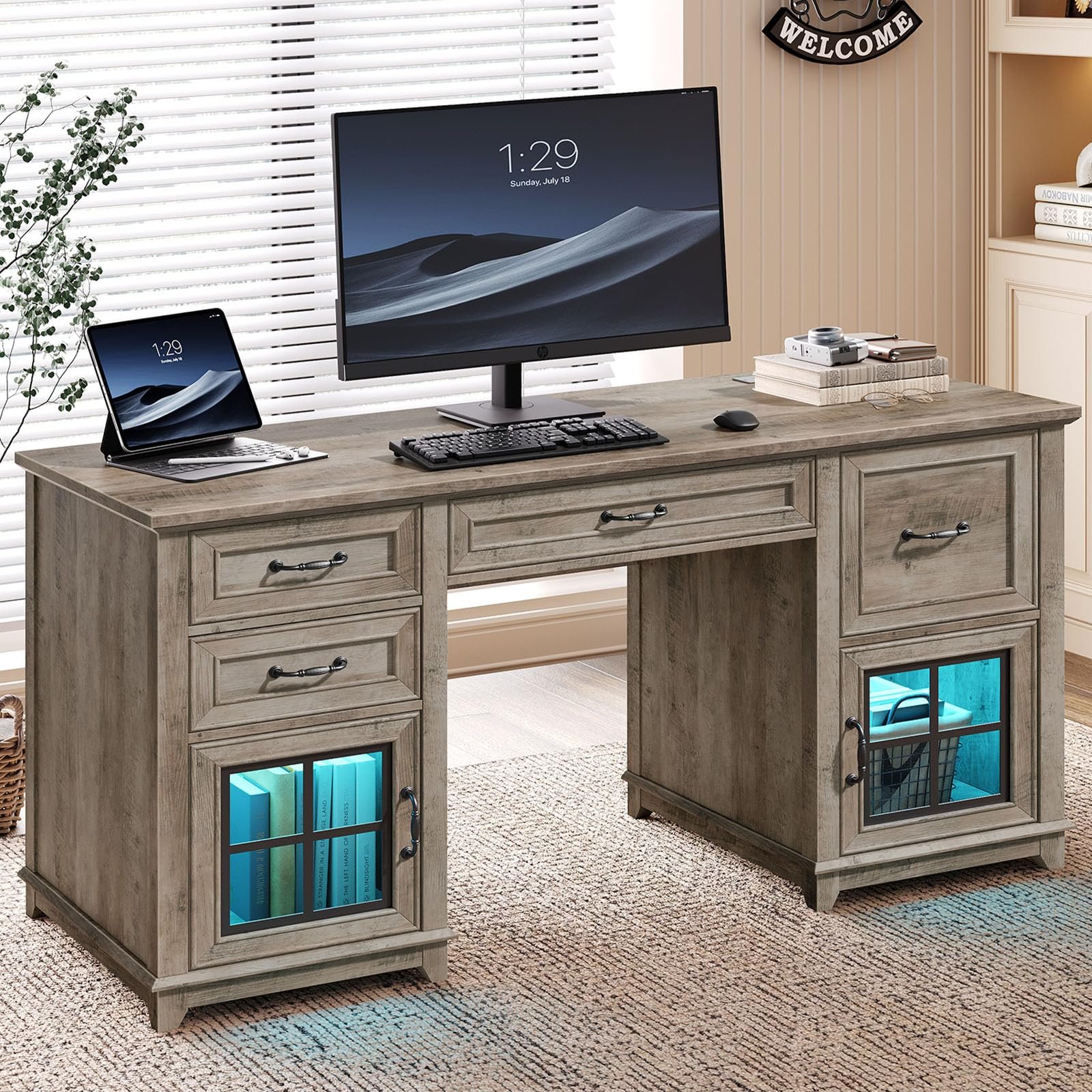 RALGEND 58" Farmhouse Executive Desk, Farmhouse Computer Desk with Drawers & File Cabinet, Wooden Home Office Desk with Power Outlet & LED Light, Workspace for Study Writing, Greige - Product Image
