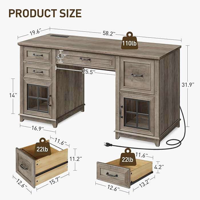 RALGEND 58" Farmhouse Executive Desk, Farmhouse Computer Desk with Drawers & File Cabinet, Wooden Home Office Desk with Power Outlet & LED Light, Workspace for Study Writing, Greige - Image 2