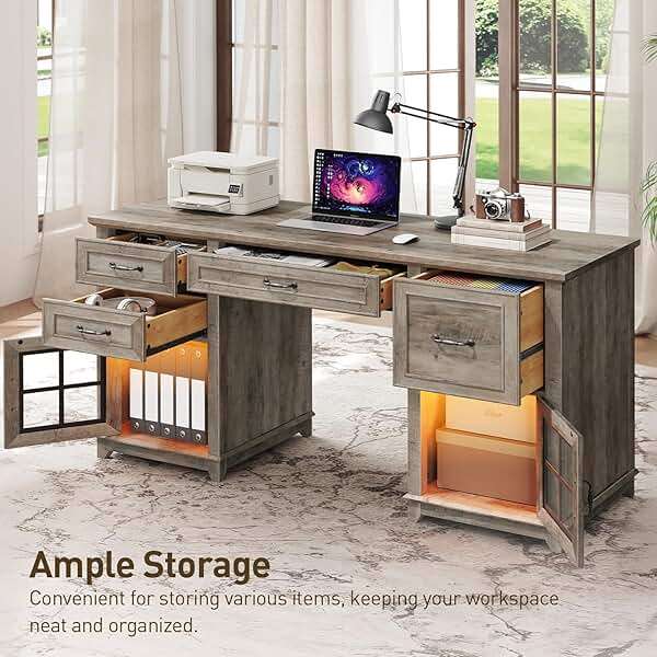 RALGEND 58" Farmhouse Executive Desk, Farmhouse Computer Desk with Drawers & File Cabinet, Wooden Home Office Desk with Power Outlet & LED Light, Workspace for Study Writing, Greige - Image 3