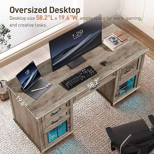 RALGEND 58" Farmhouse Executive Desk, Farmhouse Computer Desk with Drawers & File Cabinet, Wooden Home Office Desk with Power Outlet & LED Light, Workspace for Study Writing, Greige - Image 5