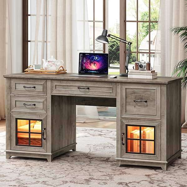 RALGEND 58" Farmhouse Executive Desk, Farmhouse Computer Desk with Drawers & File Cabinet, Wooden Home Office Desk with Power Outlet & LED Light, Workspace for Study Writing, Greige - Image 6