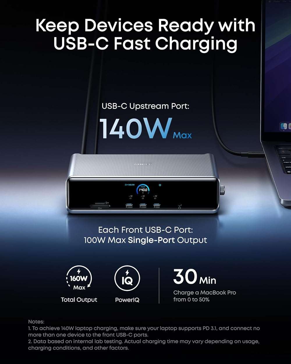 Anker Prime Docking Station (DL7400), 14-Port Triple Display with DisplayLink, 140W Max, Smart Display, Triple 4K 60Hz, Cooling Fan, for Windows Laptops (The Latest DisplayLink Driver Must Installed) - Image 5
