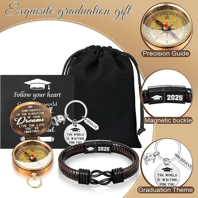 Quelay 5 Pcs Compass Graduation Gift Class of 2026 Engraved Compass Keychain Leather Stainless Steel Knot Bracelet Inspirational Card and Drawstring Bag High School College Graduation Gifts for Him - Image 3
