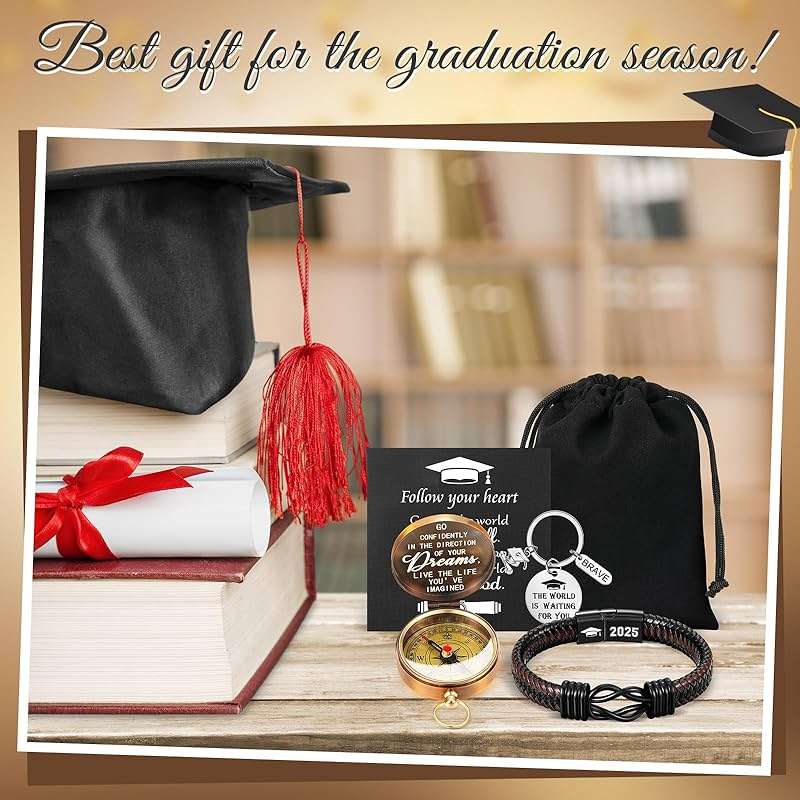 Quelay 5 Pcs Compass Graduation Gift Class of 2026 Engraved Compass Keychain Leather Stainless Steel Knot Bracelet Inspirational Card and Drawstring Bag High School College Graduation Gifts for Him - Image 5