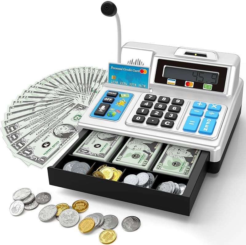Calculator Cash Register - 103 Pcs Toy Cash Register, Store Set with Microphone, Credit Card and Banking for Kids, Toddler Math Learning Toys, Preschool Gifts for 3, 4, 5, 6, 7, 8+ Years Old Boy Girl - Image 1