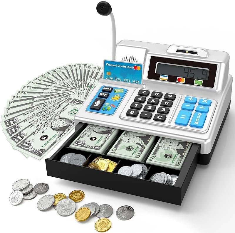 Calculator Cash Register - 103 Pcs Toy Cash Register, Store Set with Microphone, Credit Card and Banking for Kids, Toddler Math Learning Toys, Preschool Gifts for 3, 4, 5, 6, 7, 8+ Years Old Boy Girl - Product Image