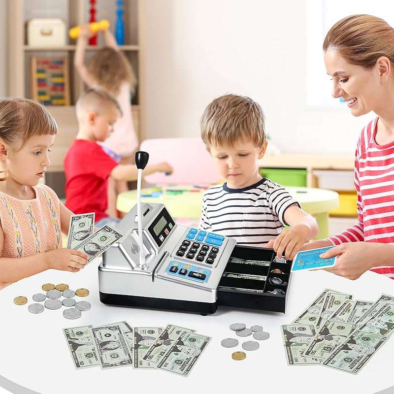 Calculator Cash Register - 103 Pcs Toy Cash Register, Store Set with Microphone, Credit Card and Banking for Kids, Toddler Math Learning Toys, Preschool Gifts for 3, 4, 5, 6, 7, 8+ Years Old Boy Girl - Image 2