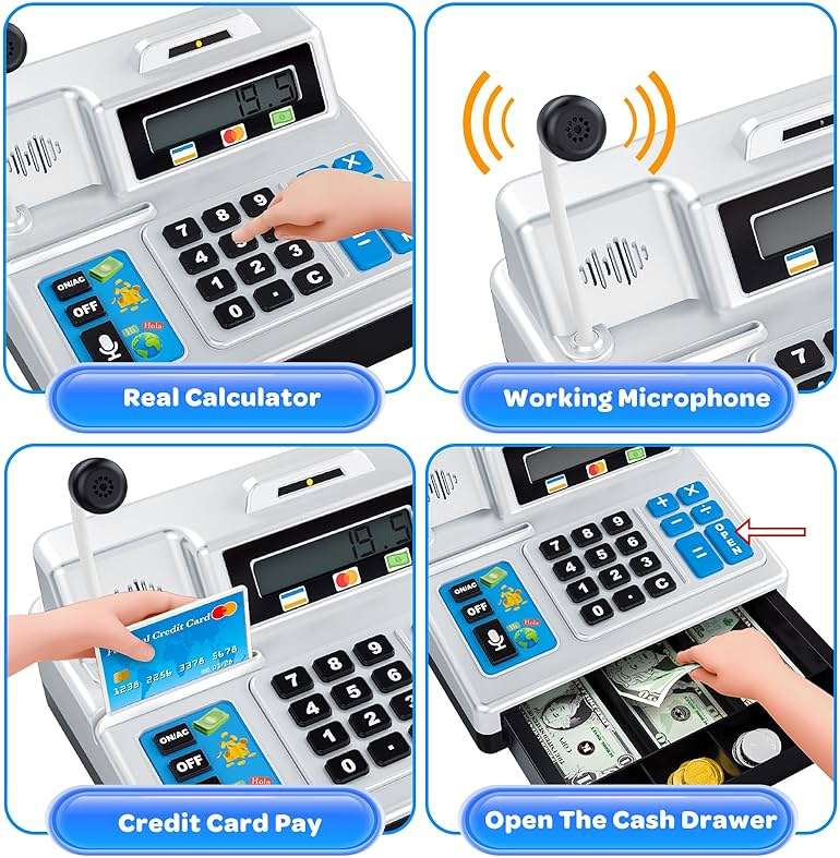 Calculator Cash Register - 103 Pcs Toy Cash Register, Store Set with Microphone, Credit Card and Banking for Kids, Toddler Math Learning Toys, Preschool Gifts for 3, 4, 5, 6, 7, 8+ Years Old Boy Girl - Image 4