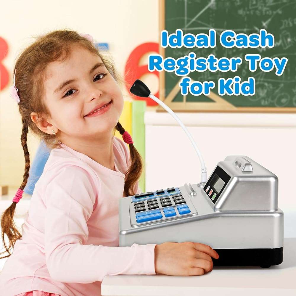 Calculator Cash Register - 103 Pcs Toy Cash Register, Store Set with Microphone, Credit Card and Banking for Kids, Toddler Math Learning Toys, Preschool Gifts for 3, 4, 5, 6, 7, 8+ Years Old Boy Girl - Image 5