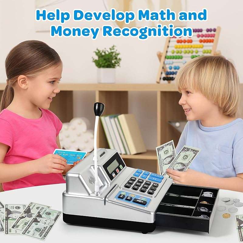 Calculator Cash Register - 103 Pcs Toy Cash Register, Store Set with Microphone, Credit Card and Banking for Kids, Toddler Math Learning Toys, Preschool Gifts for 3, 4, 5, 6, 7, 8+ Years Old Boy Girl - Image 6