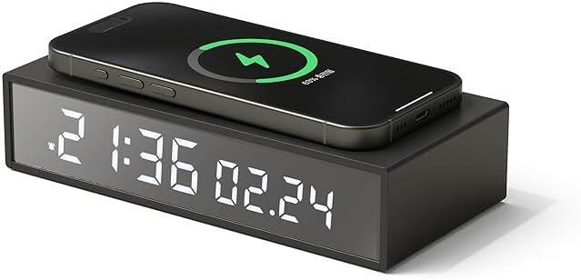 mooas 15W Slim Edge Mirror Wireless Charging Clock (Black), Max.15W Fast Wireless Charging, 12/24H time Mode, Alarm & Snooze, Adjustable Brightness Night Mode, Small Digital Alarm Clock Mirror Clock - Product Image