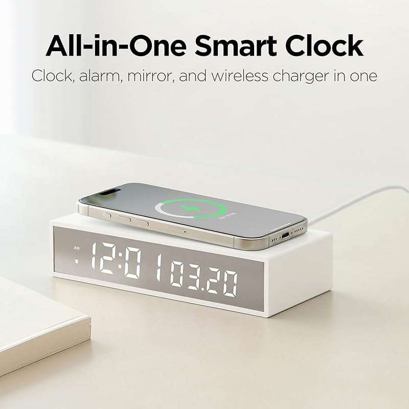 mooas 15W Slim Edge Mirror Wireless Charging Clock (Black), Max.15W Fast Wireless Charging, 12/24H time Mode, Alarm & Snooze, Adjustable Brightness Night Mode, Small Digital Alarm Clock Mirror Clock - Image 2
