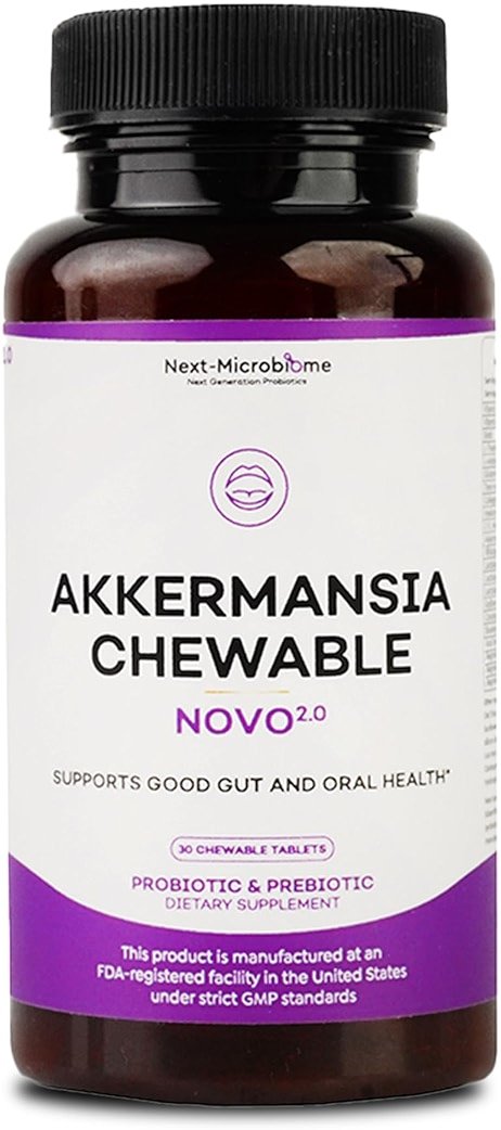 Chewable Akkermansia Probiotic and Prebiotic Supplement NOVO 2.0 with HMO, Supports Gut and Oral Microbiome, Supplements for Digestive Health and Skin Vitality, Targeted Delivery, 30 Tablets - Product Image
