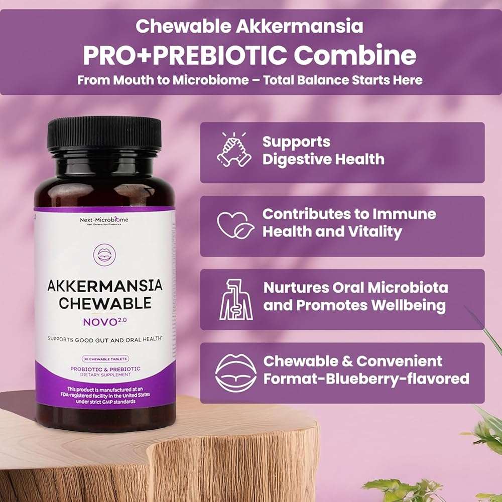 Chewable Akkermansia Probiotic and Prebiotic Supplement NOVO 2.0 with HMO, Supports Gut and Oral Microbiome, Supplements for Digestive Health and Skin Vitality, Targeted Delivery, 30 Tablets - Image 3