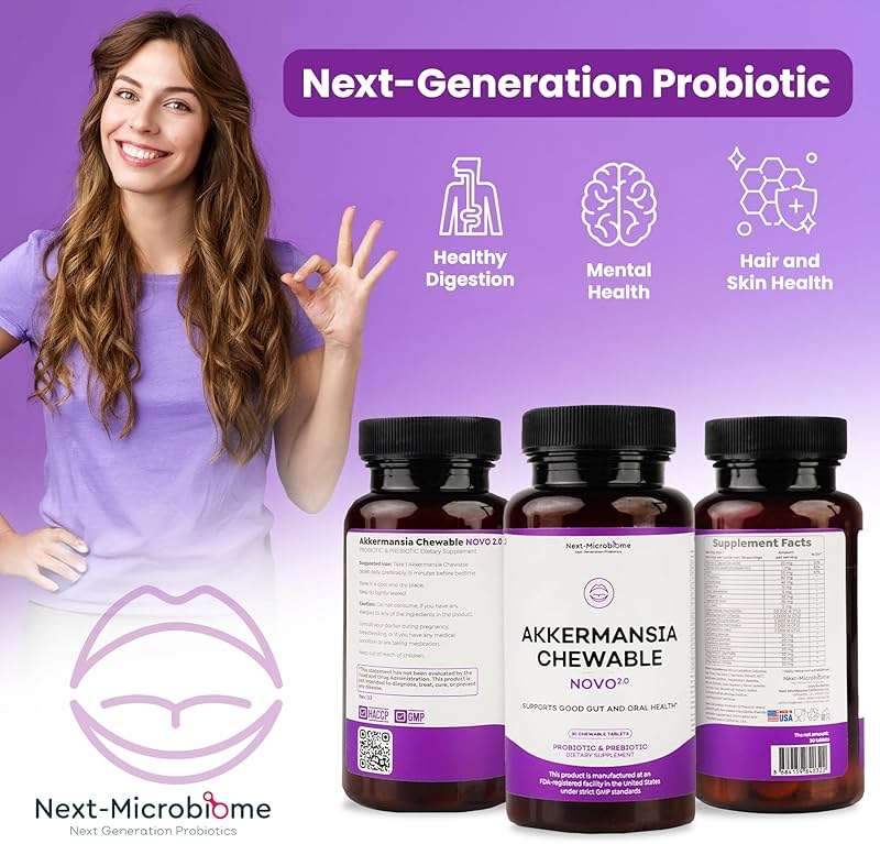 Chewable Akkermansia Probiotic and Prebiotic Supplement NOVO 2.0 with HMO, Supports Gut and Oral Microbiome, Supplements for Digestive Health and Skin Vitality, Targeted Delivery, 30 Tablets - Image 4