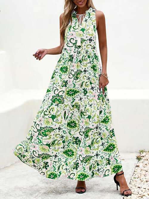 BTFBM Womens Summer Maxi Dresses 2025 Casual Sleeveless V Neck Loose Fit Floral Boho Dress Beach Long Sundress - Image 7