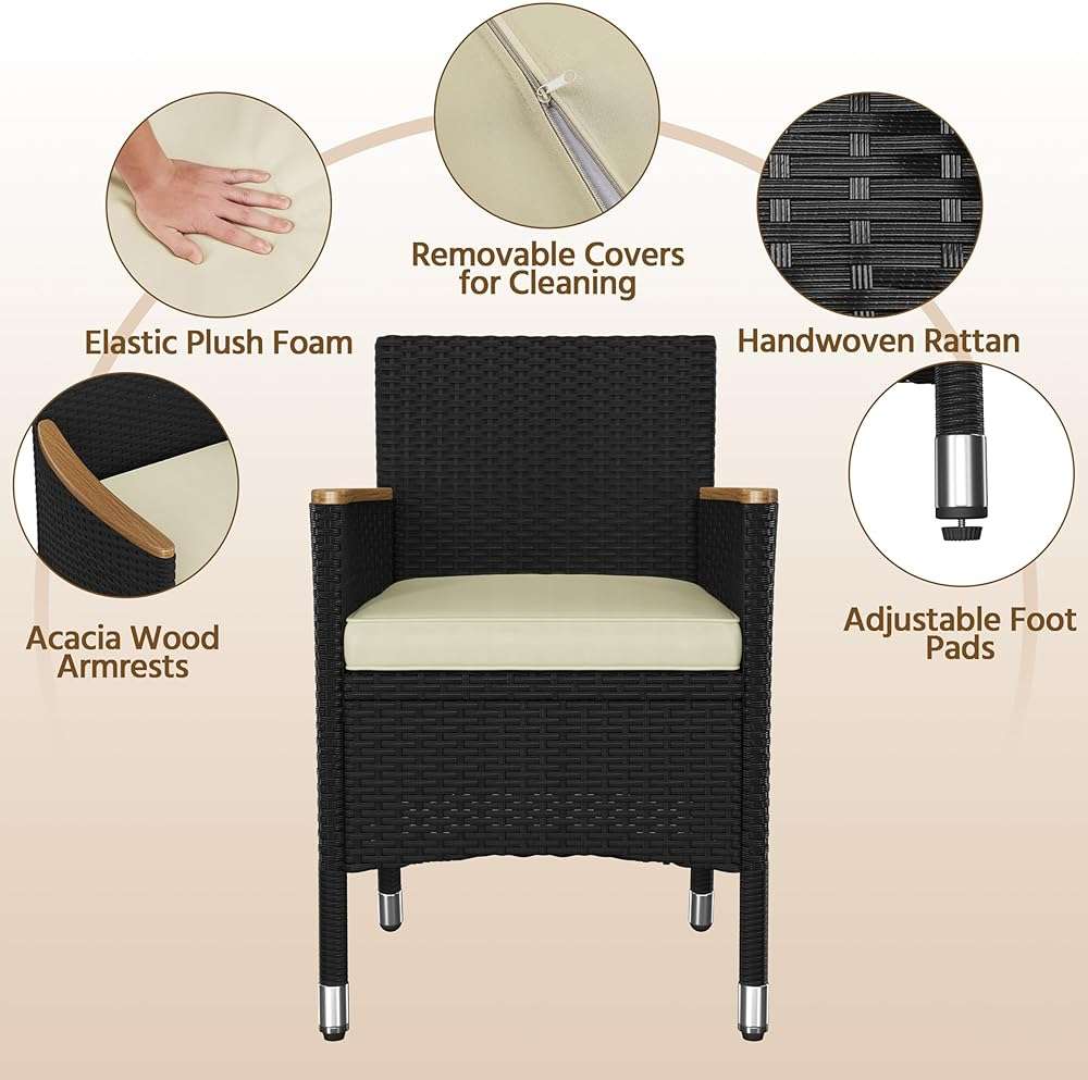 Yaheetech 7 Piece Patio Furniture Set, Outdoor Dining Acacia Wood Table Top Rattan Conversation Set with Soft Cushions, 6 Chairs & 1 Table for Backyard, Deck, Garden & Yard, Black/Beige - Image 4