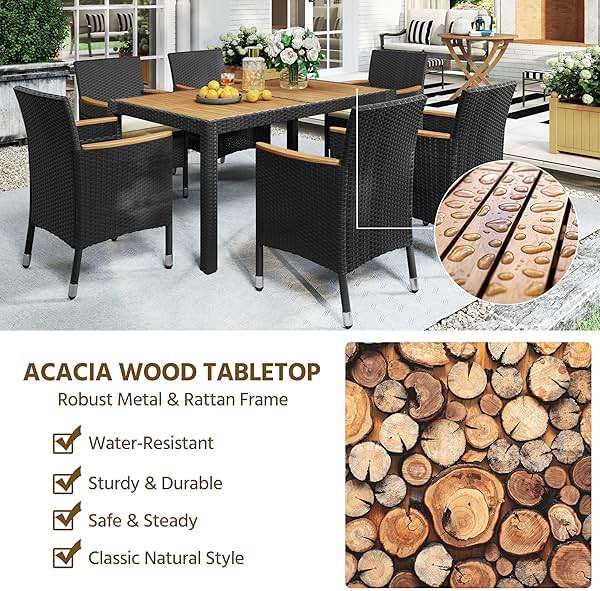 Yaheetech 7 Piece Patio Furniture Set, Outdoor Dining Acacia Wood Table Top Rattan Conversation Set with Soft Cushions, 6 Chairs & 1 Table for Backyard, Deck, Garden & Yard, Black/Beige - Image 7