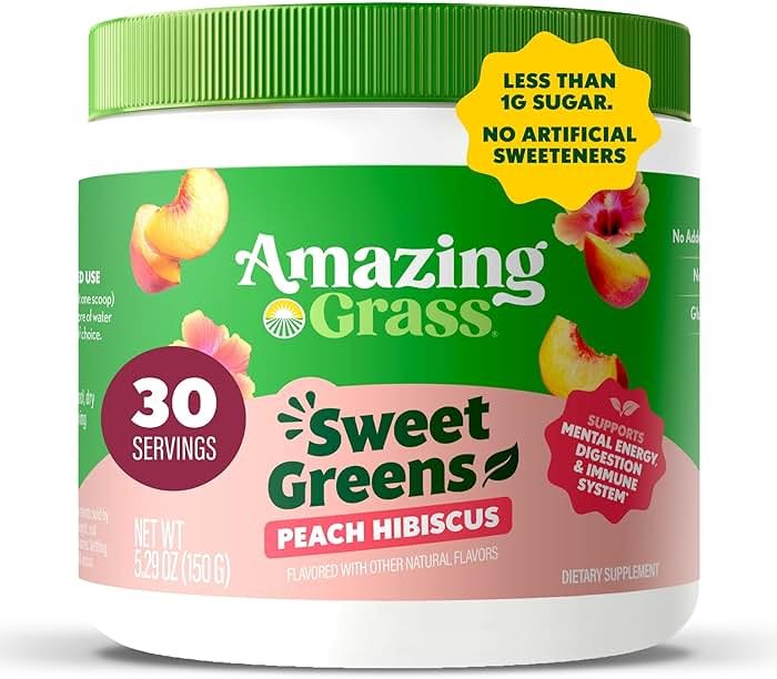 Amazing Grass Sweet Greens and Superfoods Powder for Digestive Health, Greens Powder, Digestive Enzymes, Probiotics, Spirulina, Chlorella, Peach Hibiscus, 30 Servings - Product Image
