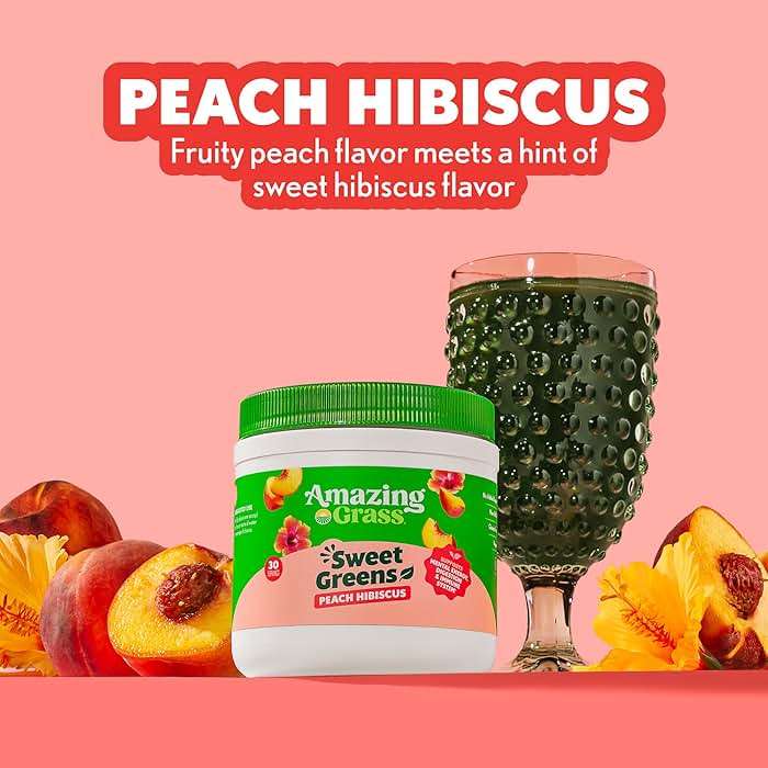 Amazing Grass Sweet Greens and Superfoods Powder for Digestive Health, Greens Powder, Digestive Enzymes, Probiotics, Spirulina, Chlorella, Peach Hibiscus, 30 Servings - Image 2