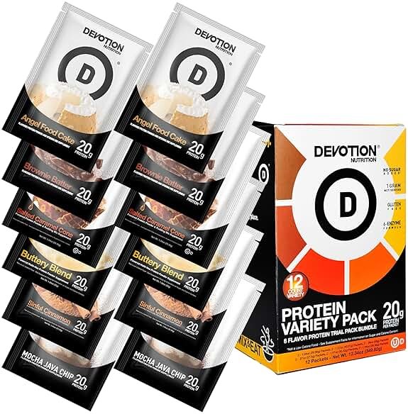 Devotion Nutrition Variety Pack Protein Powder for Shakes, Baking, Desserts – 20g Whey Isolate & Casein Blend – No Added Sugar, Low Carb, Gluten-Free, Keto-Friendly with MCT – 6 Flavors, 12 Packets - Product Image
