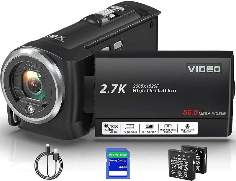 Muitune Camcorder Video Camera QHD 2.7K 56MP 16X Digital Zoom Vlogging Camera with LED Fill Light for YouTube, 2.8 Inch 270 Degree Rotation LCD Screen Camcorder with 32GB SD Card and Two Batteries - Image 1
