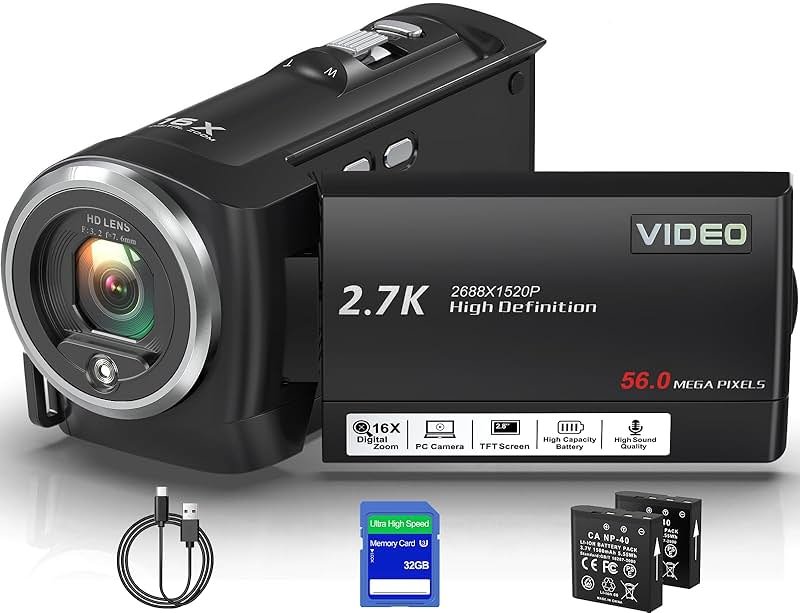 Muitune Camcorder Video Camera QHD 2.7K 56MP 16X Digital Zoom Vlogging Camera with LED Fill Light for YouTube, 2.8 Inch 270 Degree Rotation LCD Screen Camcorder with 32GB SD Card and Two Batteries - Product Image