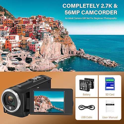 Muitune Camcorder Video Camera QHD 2.7K 56MP 16X Digital Zoom Vlogging Camera with LED Fill Light for YouTube, 2.8 Inch 270 Degree Rotation LCD Screen Camcorder with 32GB SD Card and Two Batteries - Image 7