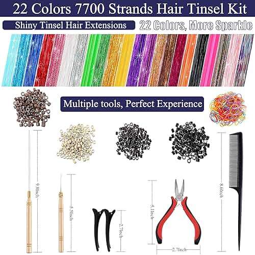 CHENZI 22 Colors 7700 Strands Hair Tinsel Kit, 48 Inch Glitter Tinsel Hair Extensions for July Fourth Christmas New Year Halloween Cosplay, Heat Resistant Fairy Hair Accessories for Girls, Kids, Women - Image 2
