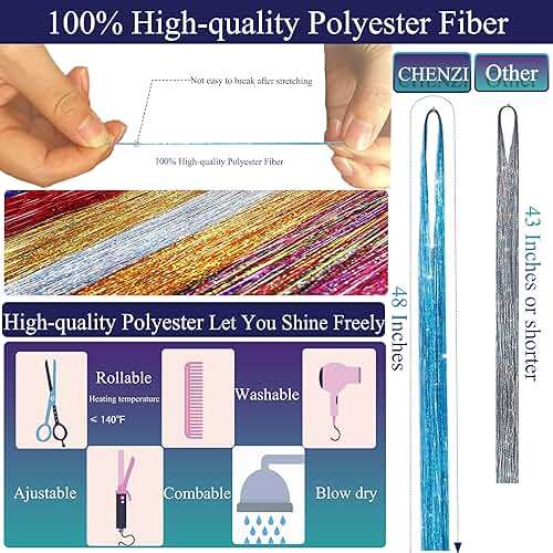 CHENZI 22 Colors 7700 Strands Hair Tinsel Kit, 48 Inch Glitter Tinsel Hair Extensions for July Fourth Christmas New Year Halloween Cosplay, Heat Resistant Fairy Hair Accessories for Girls, Kids, Women - Image 4