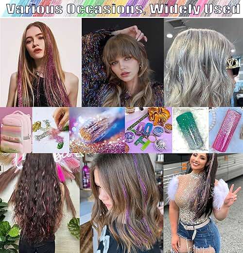 CHENZI 22 Colors 7700 Strands Hair Tinsel Kit, 48 Inch Glitter Tinsel Hair Extensions for July Fourth Christmas New Year Halloween Cosplay, Heat Resistant Fairy Hair Accessories for Girls, Kids, Women - Image 5