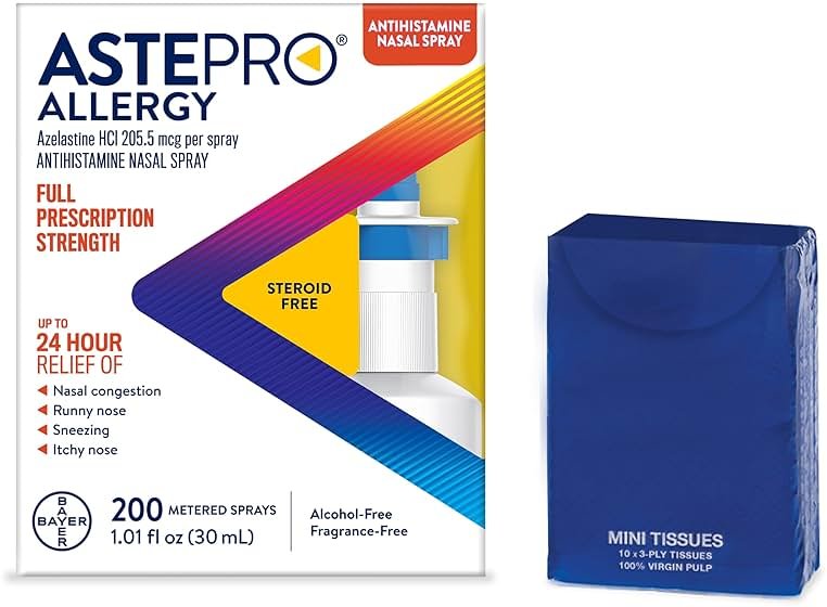 Astepro Nasal Spray and Tissue Bundle, 24-Hour Allergy Relief, Steroid-Free Azelastine HCI, Nasal Congestion, Runny & Itchy Nose, 200 Metered Sprays (Packaging May Vary) - Product Image