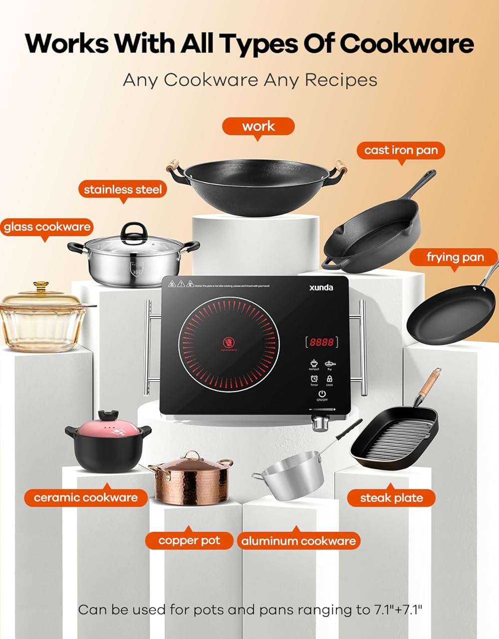xunda 1800W Portable Electric Stove, 110v Electric Burner with Carry Handle Hot Plate, Ceramic Infrared Single Burner Cooktop, Touch & Knob Control Timer, Safety Lock (Black) - Image 4