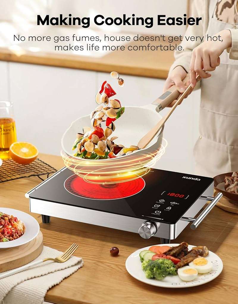 xunda 1800W Portable Electric Stove, 110v Electric Burner with Carry Handle Hot Plate, Ceramic Infrared Single Burner Cooktop, Touch & Knob Control Timer, Safety Lock (Black) - Image 7