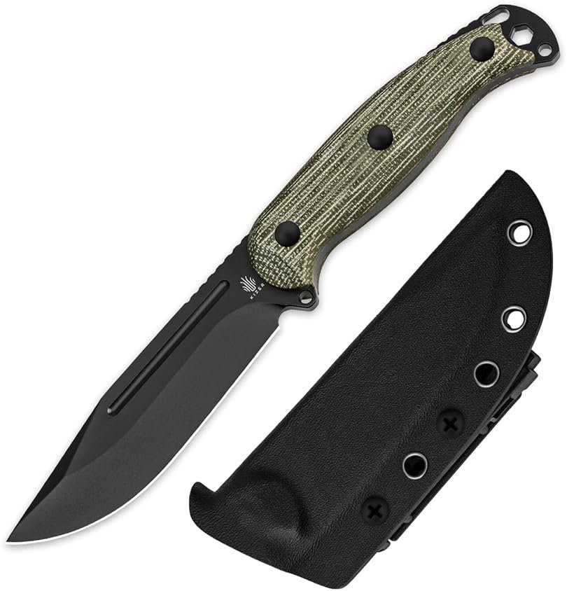 Kizer Ursa Major Fixed Blade Knife, 4.43" D2 Blade Hunting Survival Knives with Ergonomic Green Micarta Handle, Full Tang Camping Knives with Sheath & Hexagon Hole for Outdoor Activities, 1082M1 - Product Image