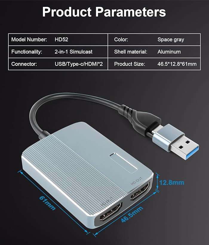 Weton USB C/USB 3.0 to Dual HDMI Adapter, USB to HDMI Splitter for Dual Monitors Extended Display Adapter for Windows Mac OS,1080p@60Hz Universal Video Graphics Converter - Image 7