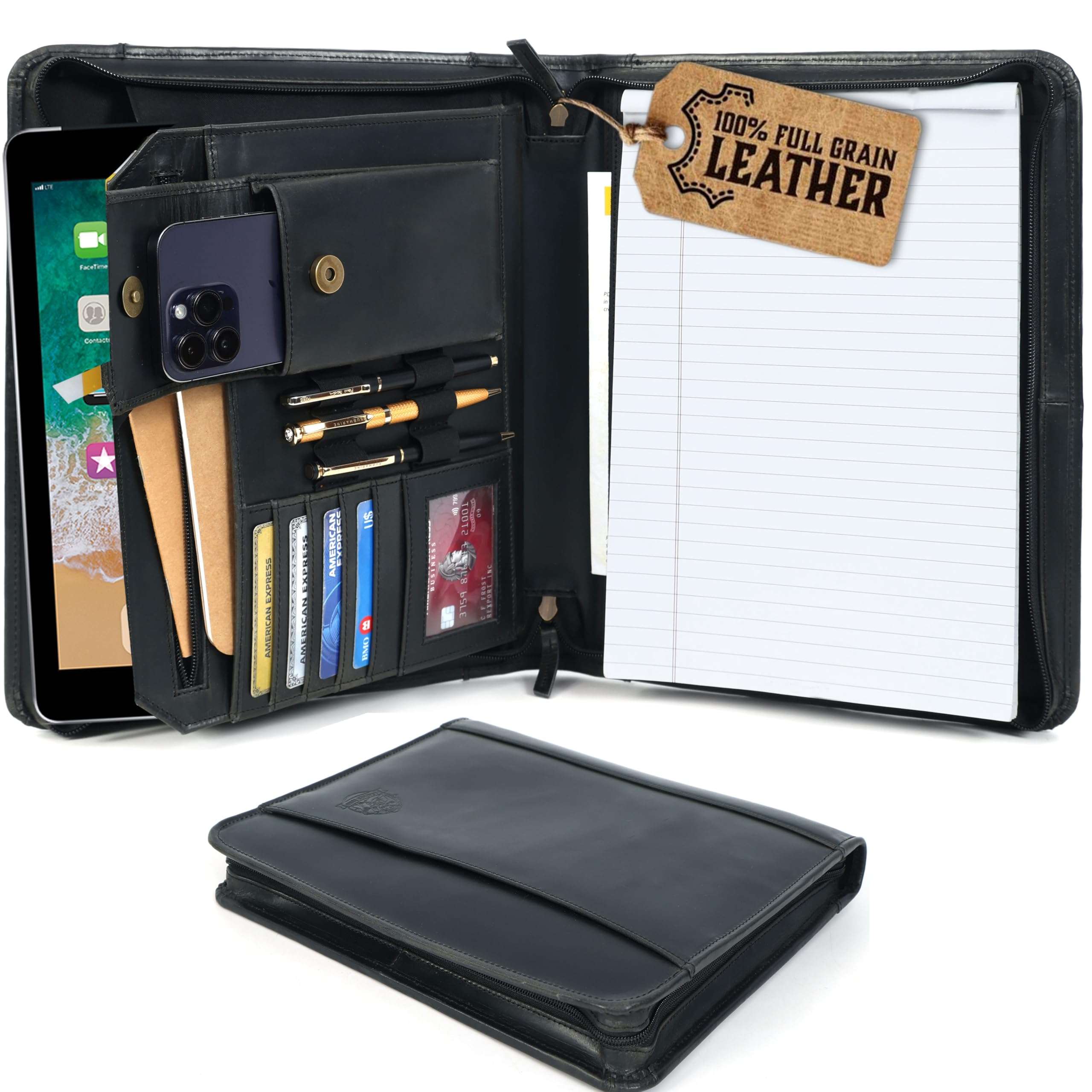 Leather Portfolio for Men, Portfolio Organizer with Zipper for Men Women, Leather Padfolios Business Resume Legal Pad Notebook Binder for A4/Pad (Black) - Image 1