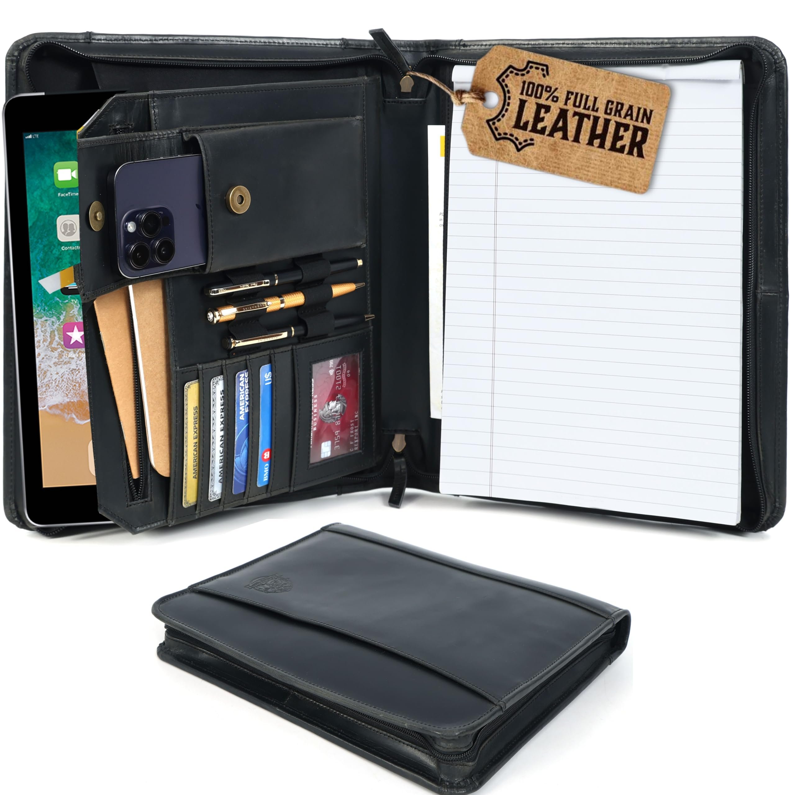 Leather Portfolio for Men, Portfolio Organizer with Zipper for Men Women, Leather Padfolios Business Resume Legal Pad Notebook Binder for A4/Pad (Black) - Product Image