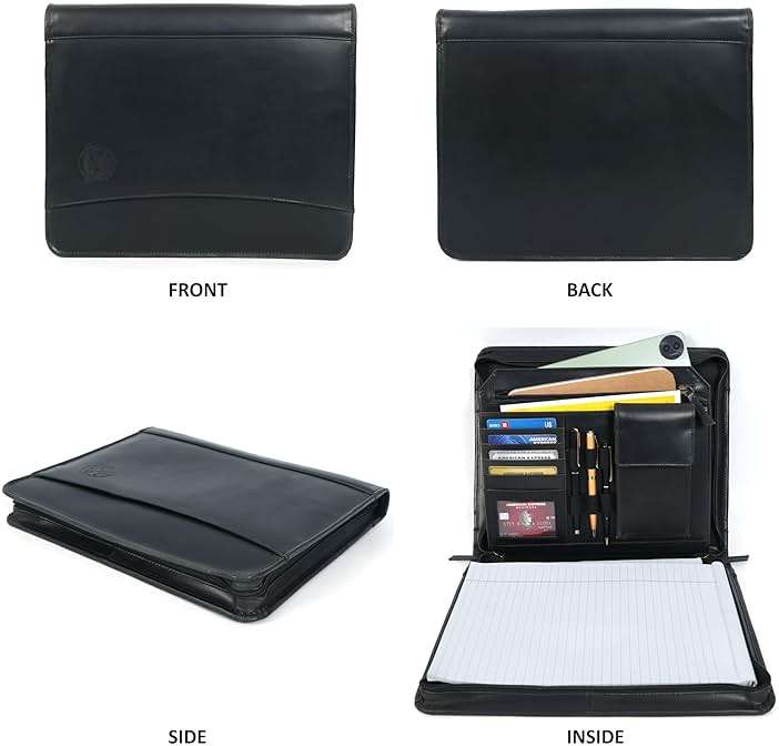 Leather Portfolio for Men, Portfolio Organizer with Zipper for Men Women, Leather Padfolios Business Resume Legal Pad Notebook Binder for A4/Pad (Black) - Image 5